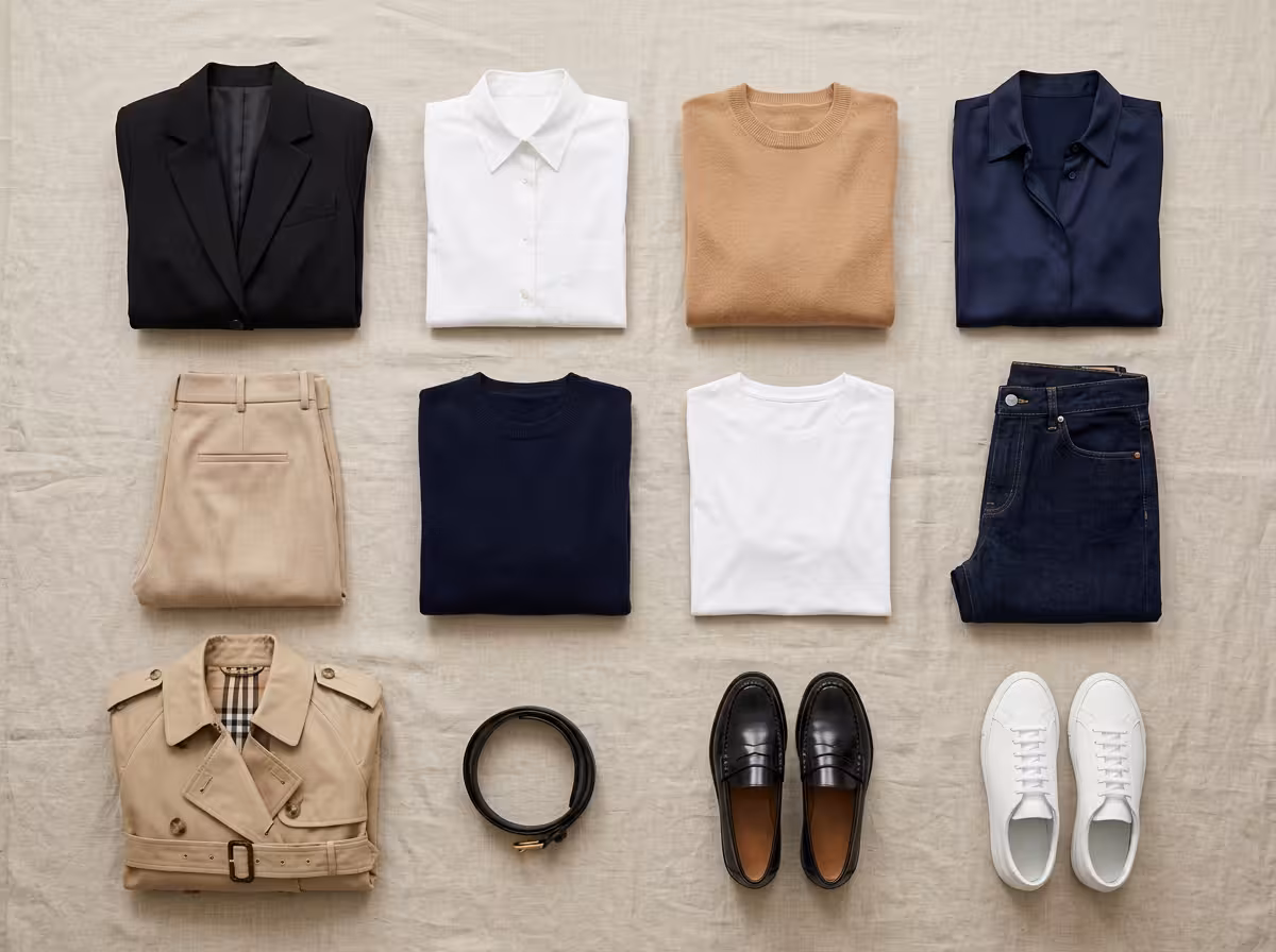 Les 12 pièces clés d'une capsule-wardrobe tendance posées en flat lay sur fond lin