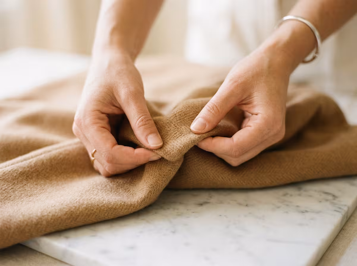 Détail qualité tissu : mains inspectant la laine d'un blazer capsule-wardrobe 2026
