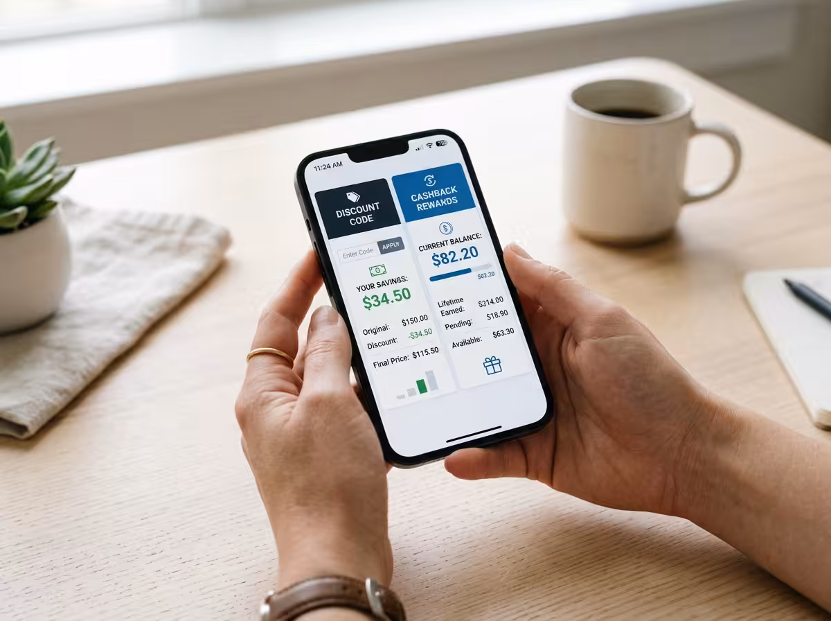 Comparaison côte à côte entre interface de code de réduction et programme cashback sur écran de téléphone