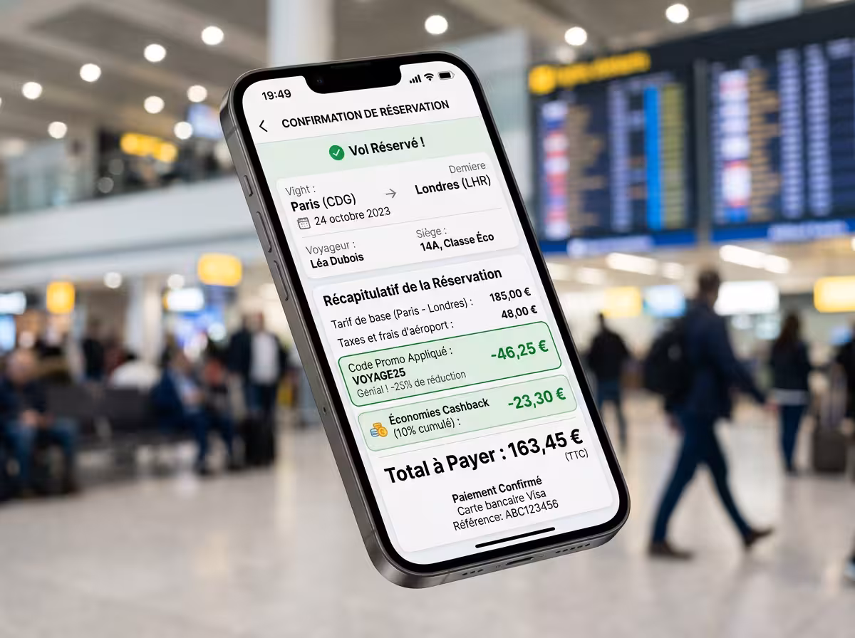 Smartphone mit angewendetem Gutschein-Code und Cashback-Rabatt bei Flugbuchung – Gutscheincodes in Aktion