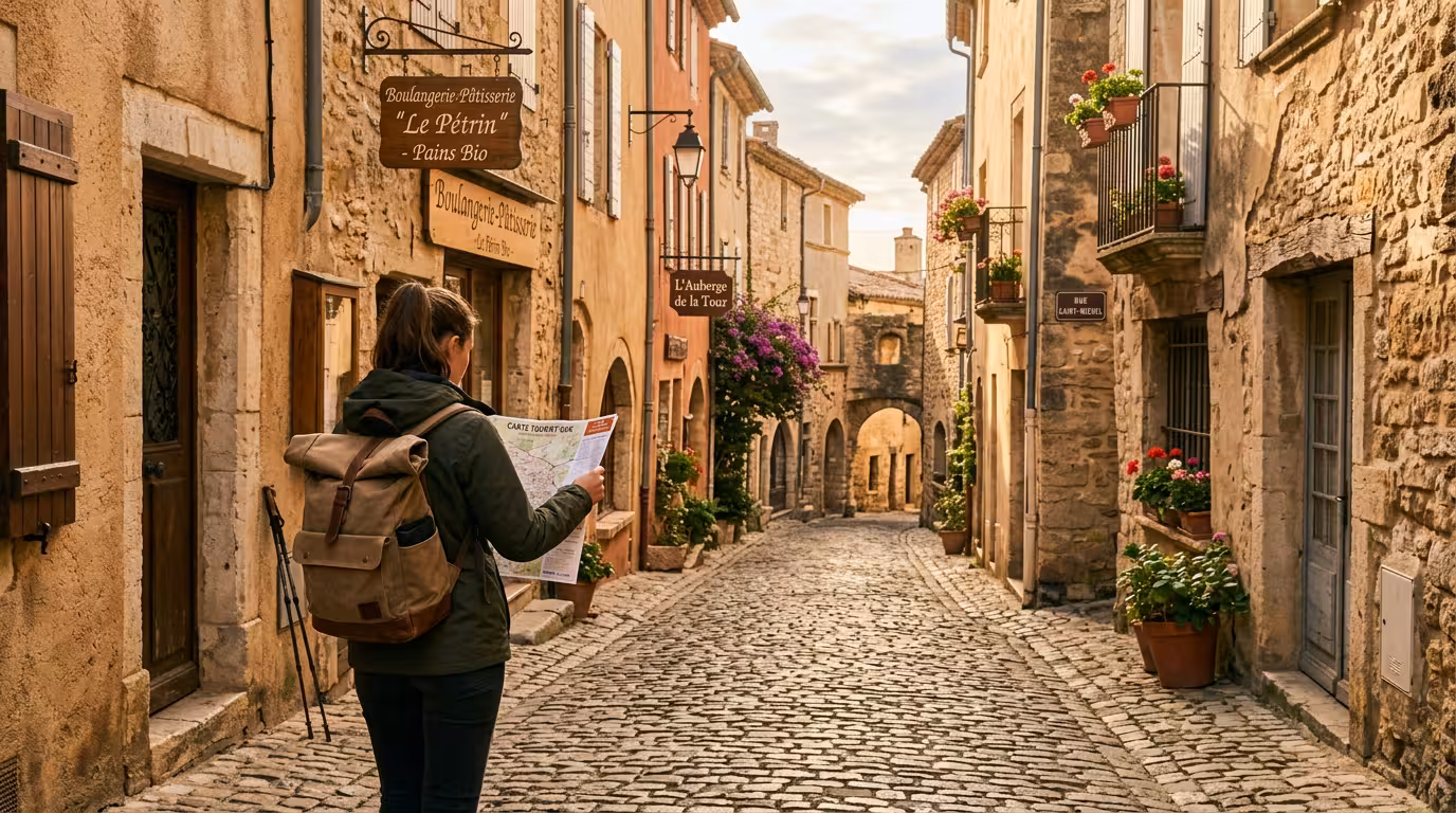 Reisender mit Karte in einer malerischen europäischen Gasse, Destination für günstigen Städtetrip