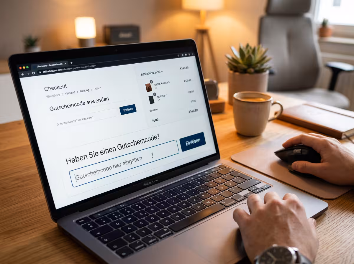 Checkout-Seite mit Gutscheincode-Eingabefeld auf Laptop-Bildschirm während des Online-Einkaufs.