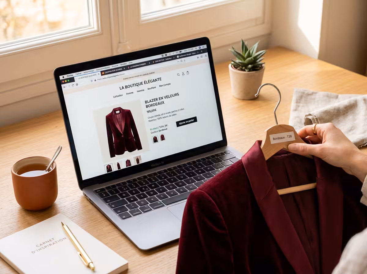 Main tenant un blazer devant un écran d'ordinateur montrant une interface de mode et codes de réduction