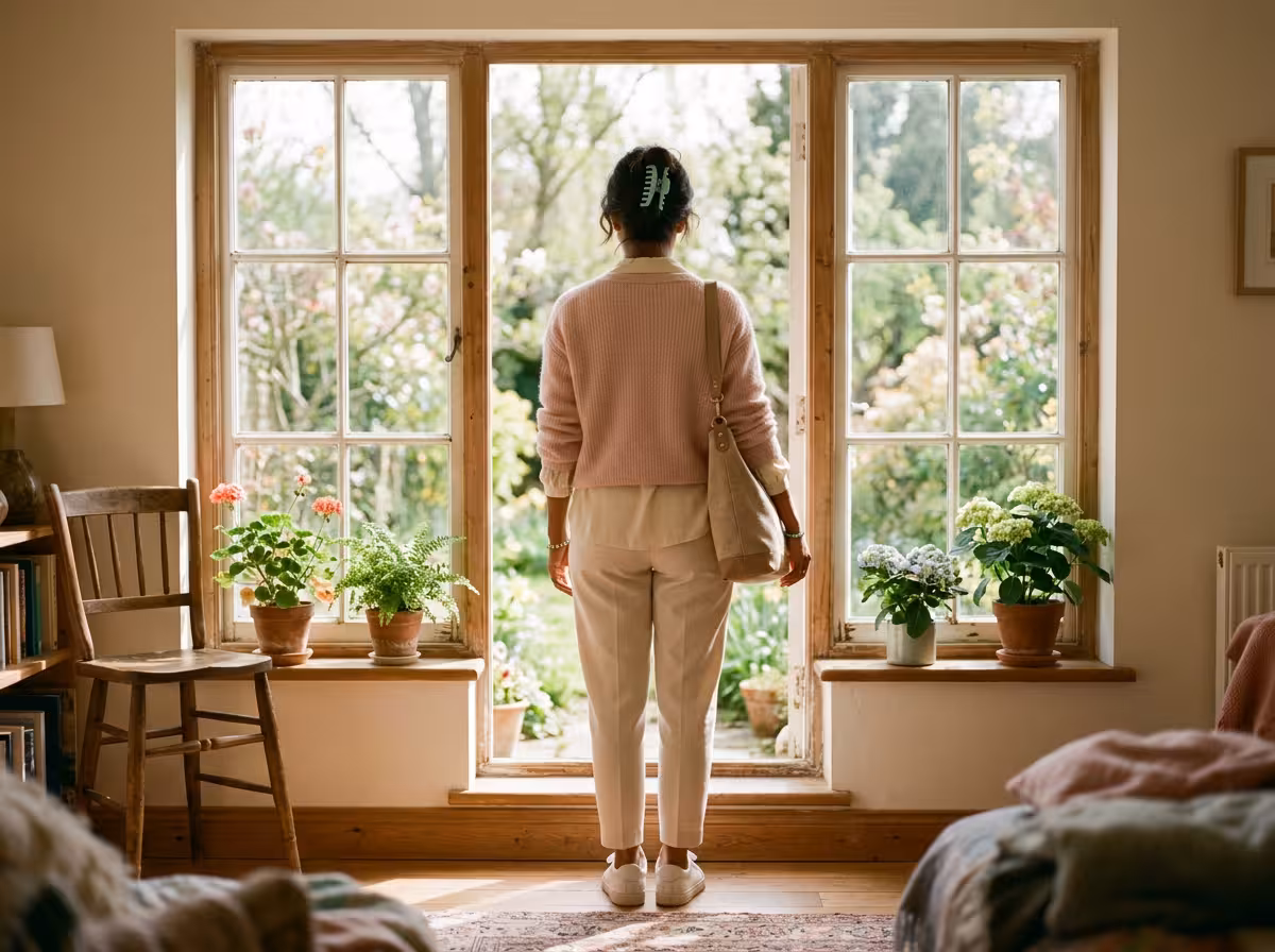 Silhouette montrant comment combiner pastels et neutres pour éviter l'effet lapin blanc — cardigan rose poudre, pantalon crème, accessoires menthe