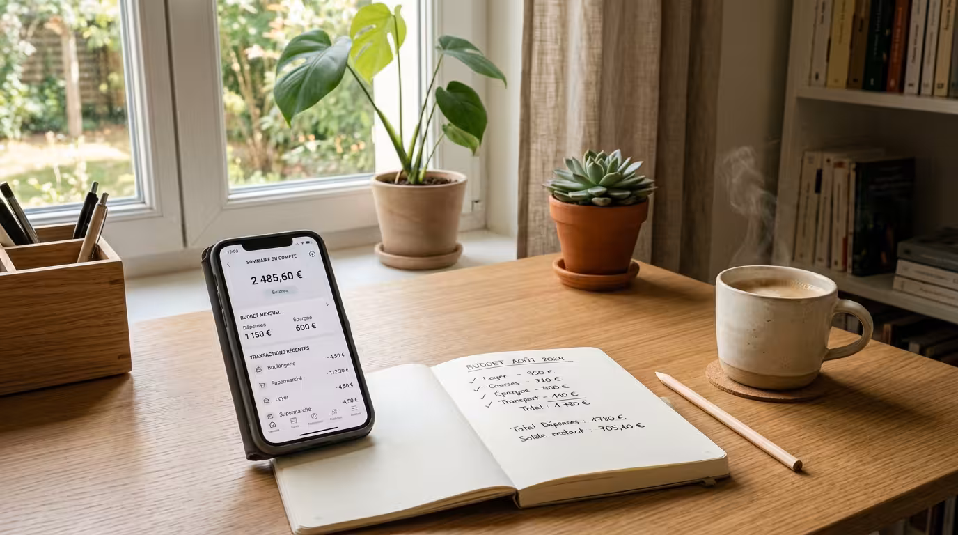Bureau ensoleillé avec un téléphone affichant une appli de finances minimaliste, carnet de budget, et café — ambiance sereine pour gérer ses finances 2026.