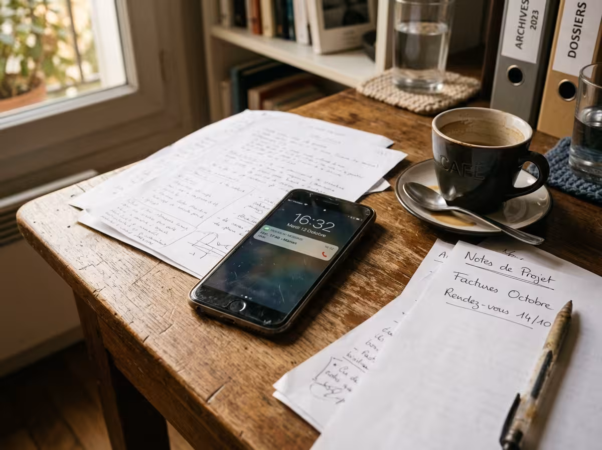Téléphone oublié sur un bureau désorganisé — illustration du problème : pourquoi les applis de finances ne survivent pas au-delà d'un mois.