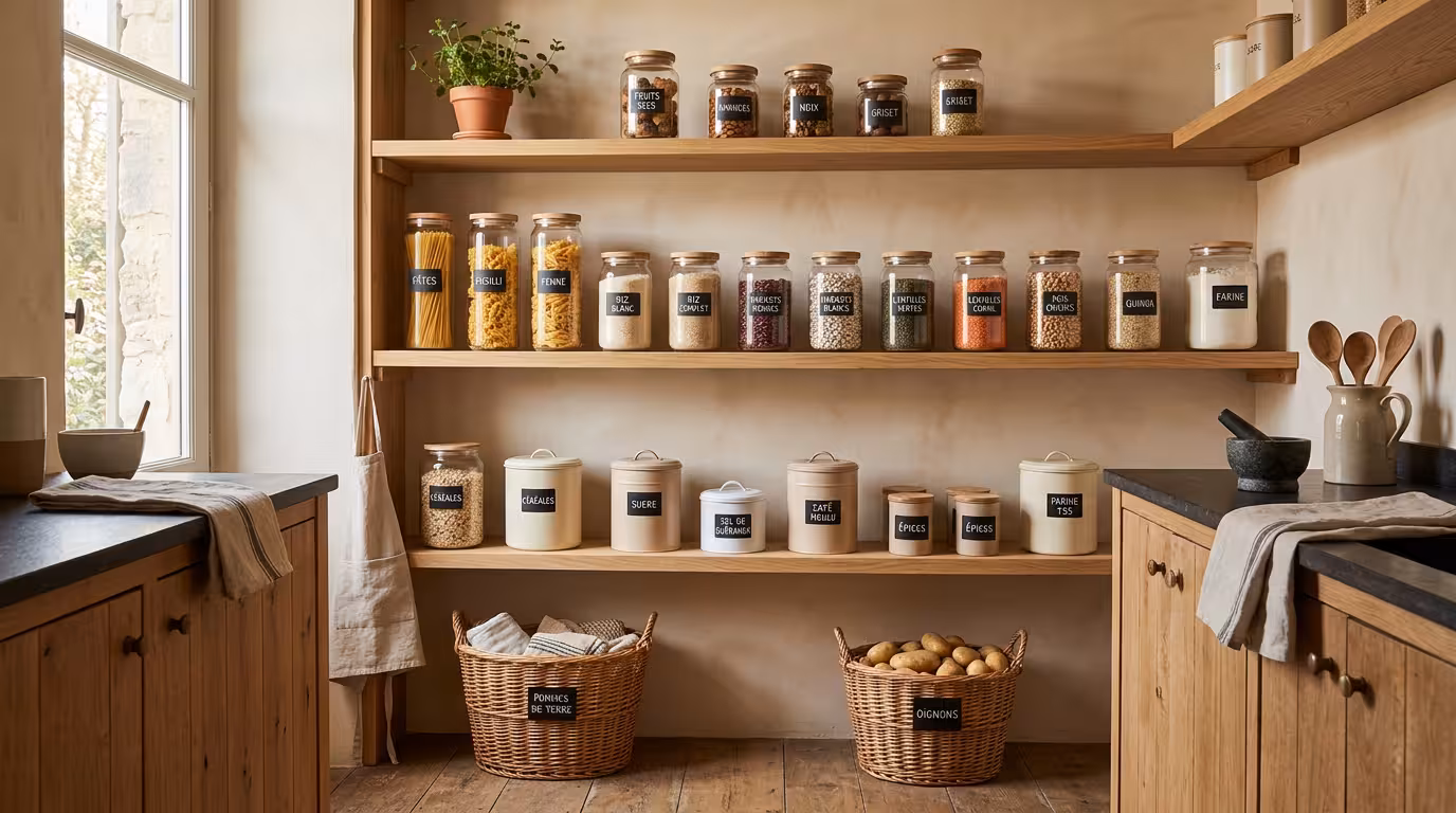Guide Vorratskammer : réserve de provisions bien organisée avec étagères en bois, bocaux hermétiques étiquetés et ambiance lumineuse