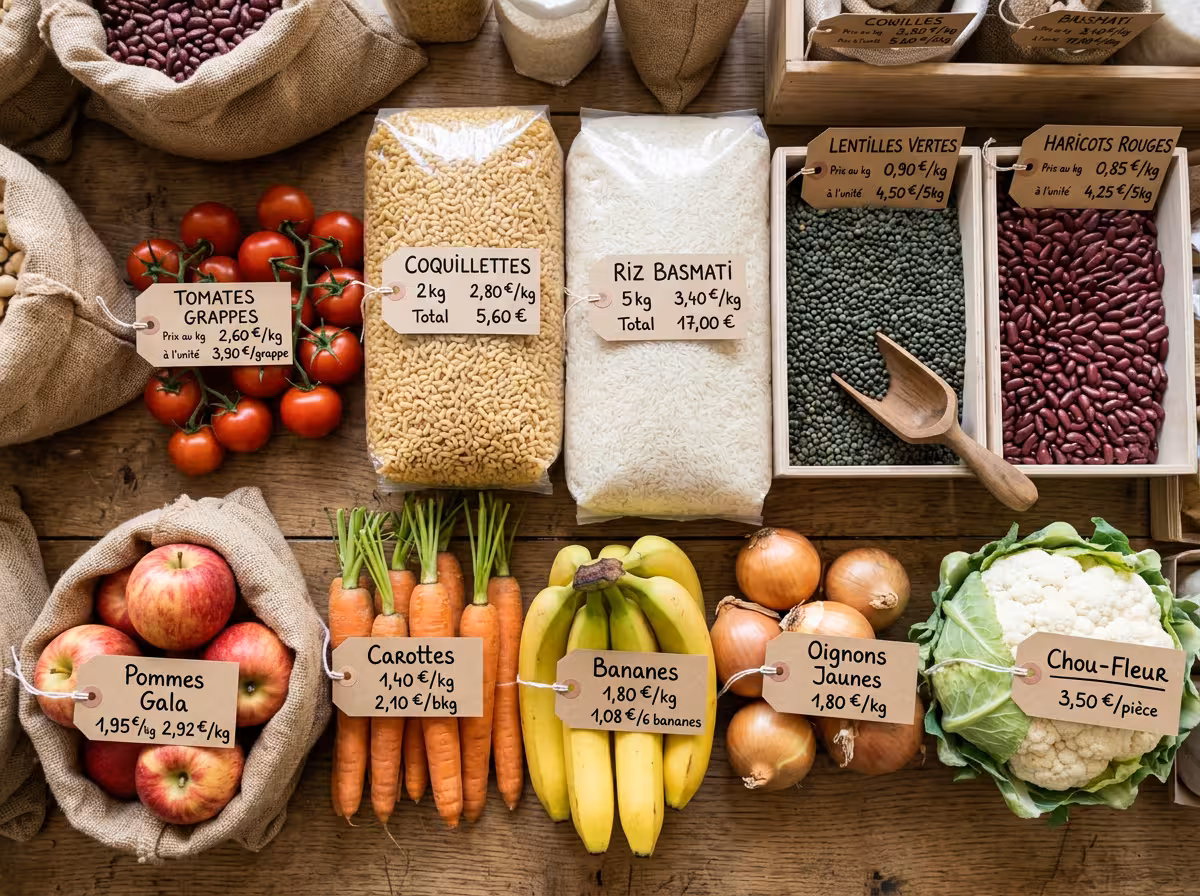 Comparaison d'achats en gros : différentes quantités d'aliments avec étiquettes de prix au kilo