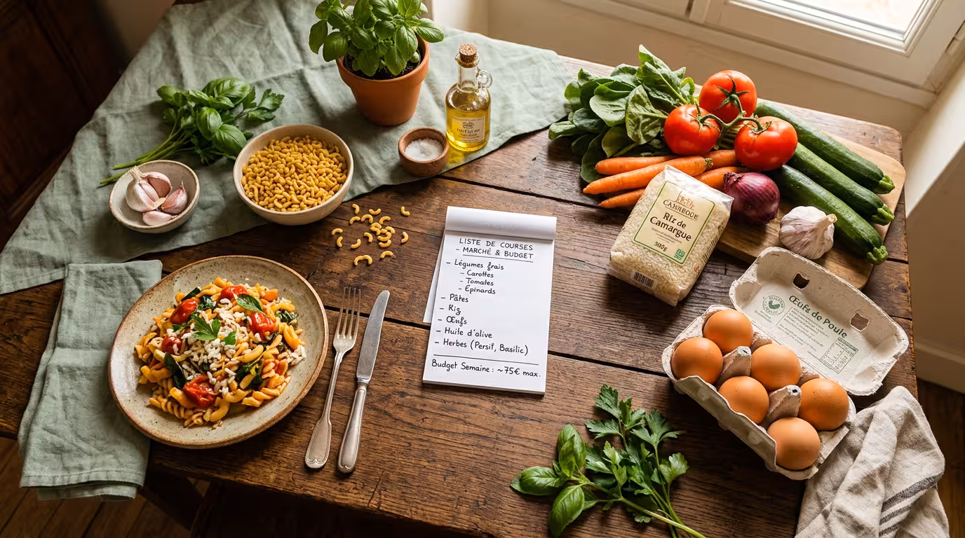 Ingrédients frais et portions préparées sur une table avec liste de courses pour planifier des recettes économiques de la semaine